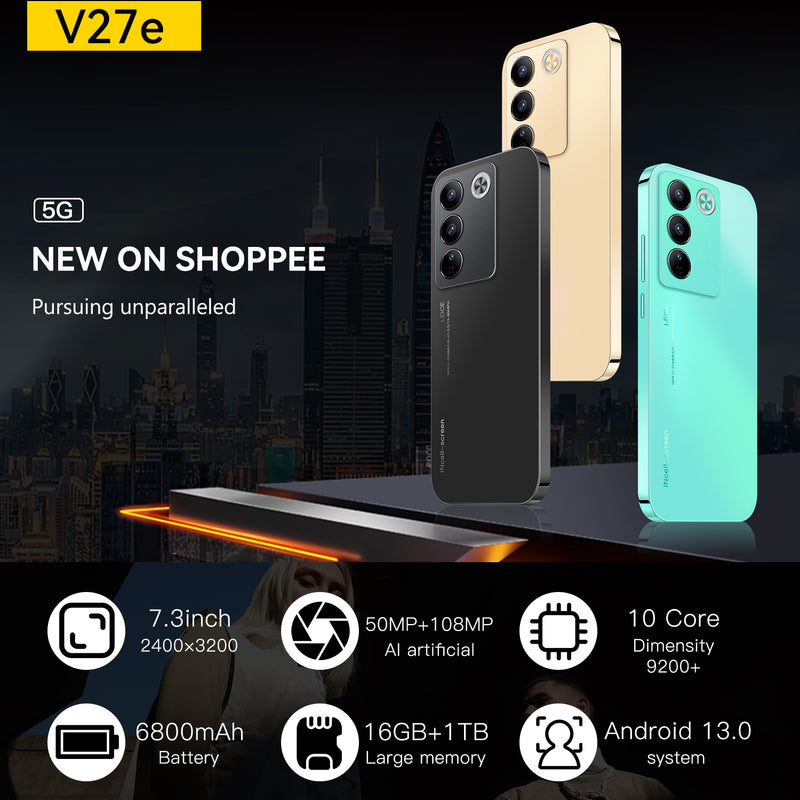 New V27e 7.3" 16GB+1TB Smartphone Android 13 5G Unlocked 6800mAh Mobile Phone