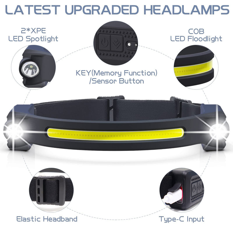 COB LED Headlamp USB Rechargeable Headlight Torch Work Light Bar Head Band Lamp