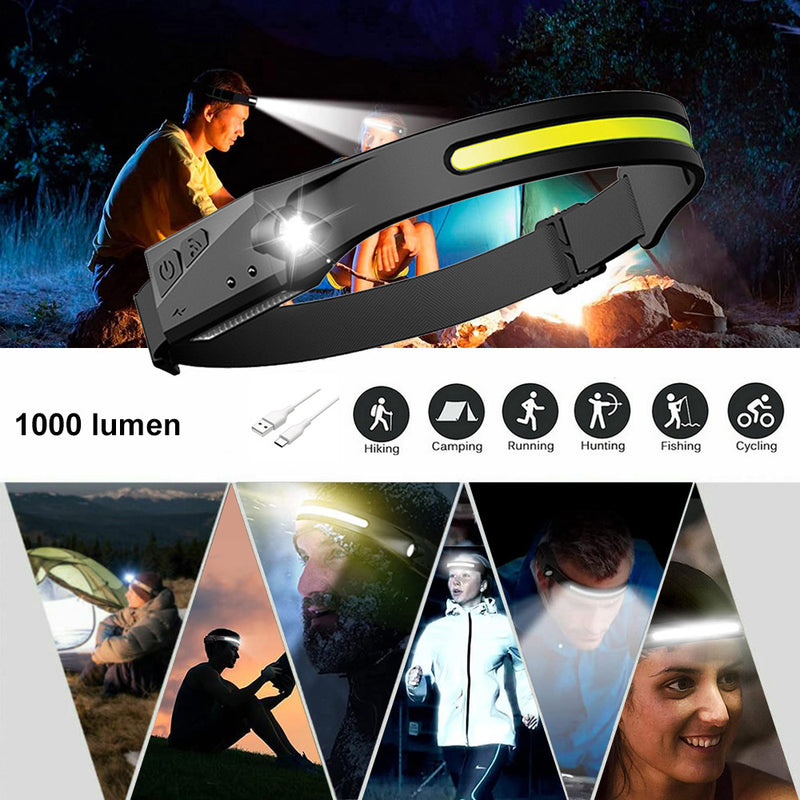 COB LED Headlamp USB Rechargeable Headlight Torch Work Light Bar Head Band Lamp