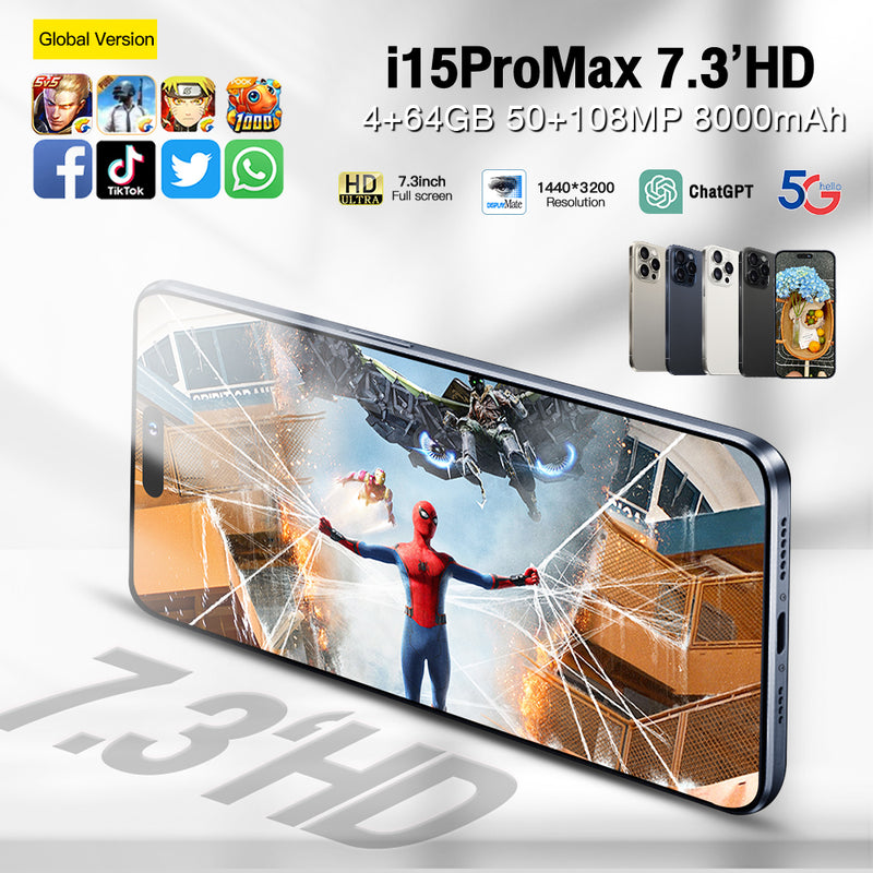 2024 I15ProMax Smartphone 7.3" 4GB+64GB Factory Unlocked 5G Android 13 Mobile Phone