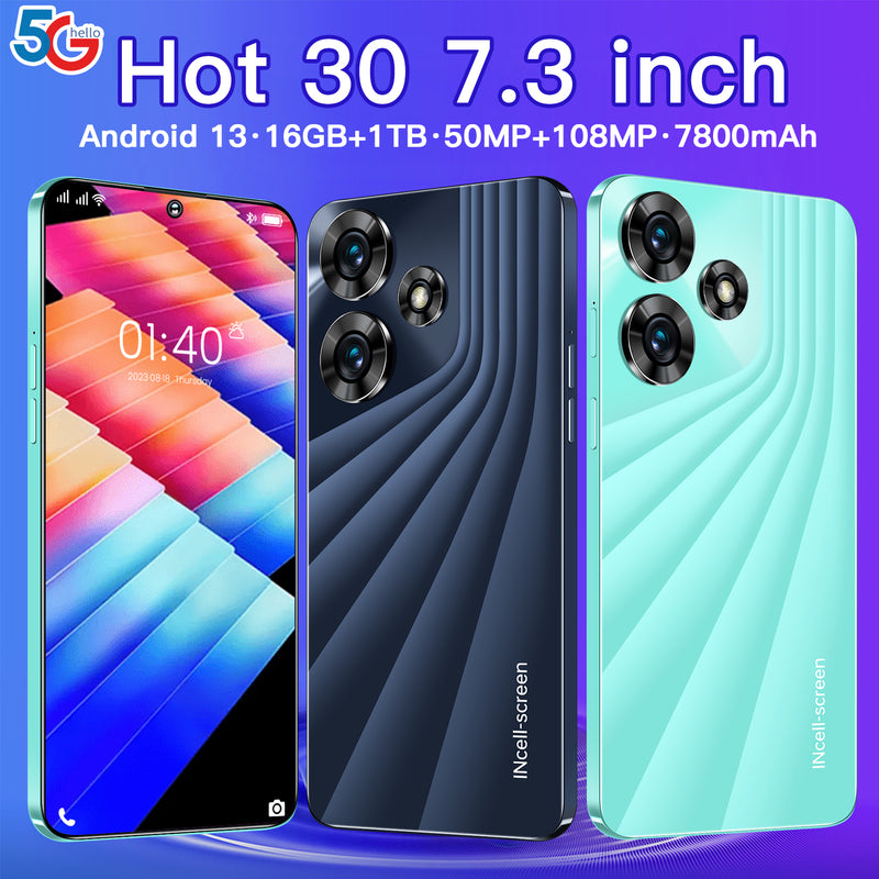 NEW Hot30 Smartphone 7.3" HD Screen 16GB+1TB 
Dual SIM Android 13 Unlocked Mobile Phones 7800mAh