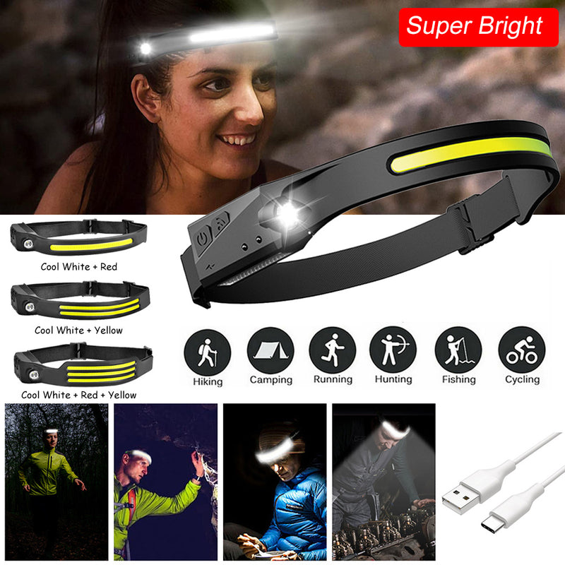 COB LED Headlamp USB Rechargeable Headlight Torch Work Light Bar Head Band Lamp