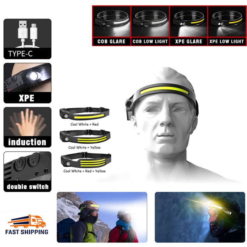 COB LED Headlamp USB Rechargeable Headlight Torch Work Light Bar Head Band Lamp