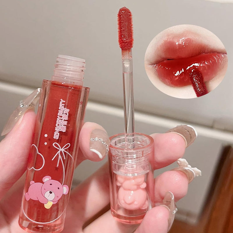 Bear Lip Glaze Jelly Lipstick, Liquid Lipstick Cute Bear Lipgloss Moisturizing Lip Stain Plumping Water Lip Gloss Waterproof Long Lasting Cheek Rouge Tint Cosmetics Beauty Makeup