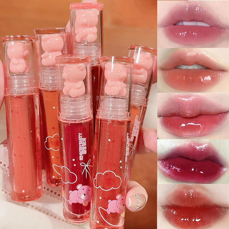 Bear Lip Glaze Jelly Lipstick, Liquid Lipstick Cute Bear Lipgloss Moisturizing Lip Stain Plumping Water Lip Gloss Waterproof Long Lasting Cheek Rouge Tint Cosmetics Beauty Makeup