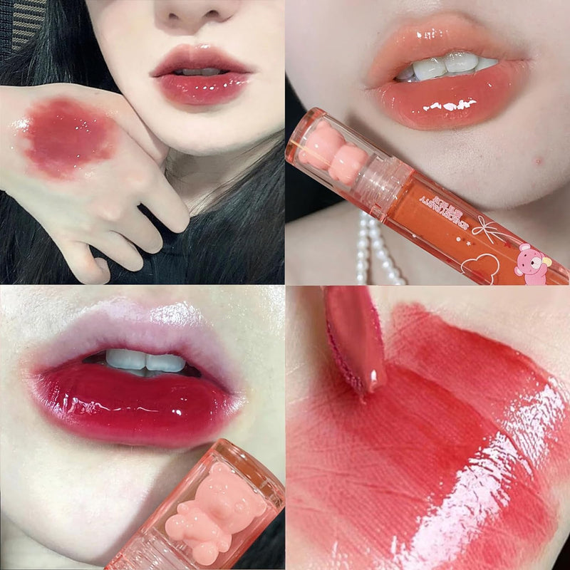 Bear Lip Glaze Jelly Lipstick, Liquid Lipstick Cute Bear Lipgloss Moisturizing Lip Stain Plumping Water Lip Gloss Waterproof Long Lasting Cheek Rouge Tint Cosmetics Beauty Makeup