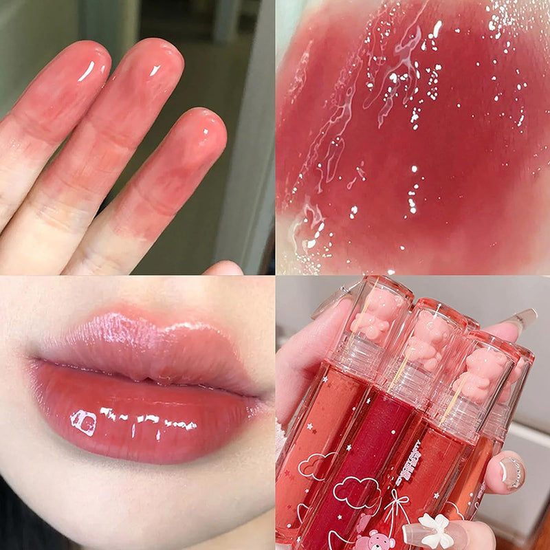 Bear Lip Glaze Jelly Lipstick, Liquid Lipstick Cute Bear Lipgloss Moisturizing Lip Stain Plumping Water Lip Gloss Waterproof Long Lasting Cheek Rouge Tint Cosmetics Beauty Makeup