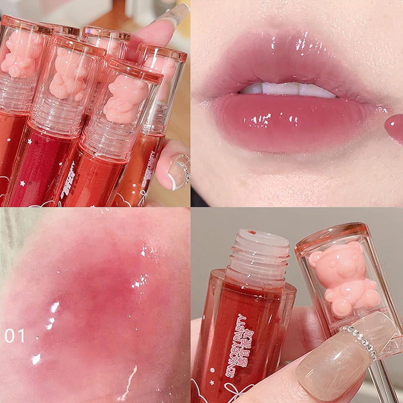 Bear Lip Glaze Jelly Lipstick, Liquid Lipstick Cute Bear Lipgloss Moisturizing Lip Stain Plumping Water Lip Gloss Waterproof Long Lasting Cheek Rouge Tint Cosmetics Beauty Makeup