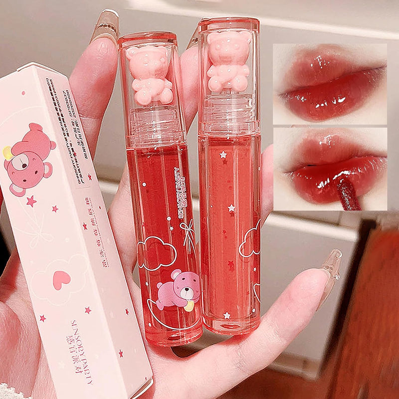 Bear Lip Glaze Jelly Lipstick, Liquid Lipstick Cute Bear Lipgloss Moisturizing Lip Stain Plumping Water Lip Gloss Waterproof Long Lasting Cheek Rouge Tint Cosmetics Beauty Makeup