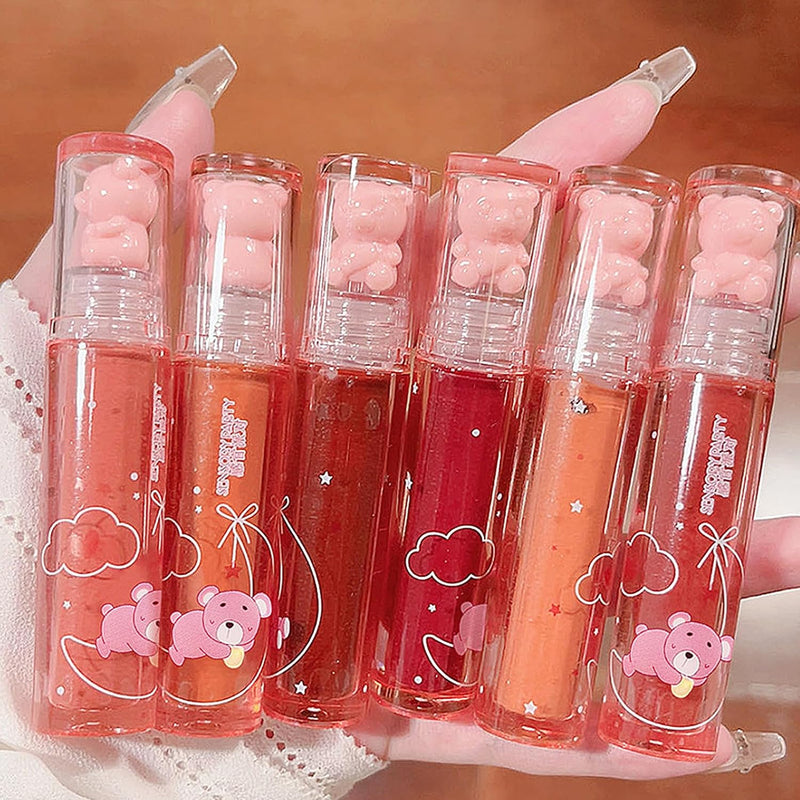 Bear Lip Glaze Jelly Lipstick, Liquid Lipstick Cute Bear Lipgloss Moisturizing Lip Stain Plumping Water Lip Gloss Waterproof Long Lasting Cheek Rouge Tint Cosmetics Beauty Makeup