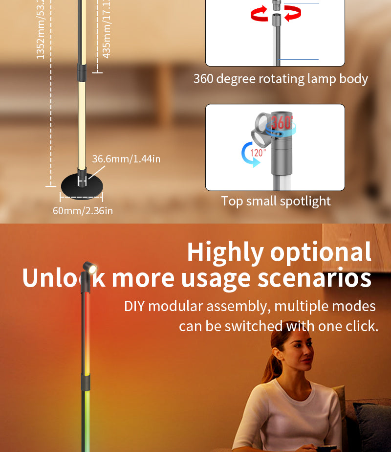 Rotatable RGB Warm White Floor Lamp 3 Section w/ Remote Bluetooth APP Spotlight