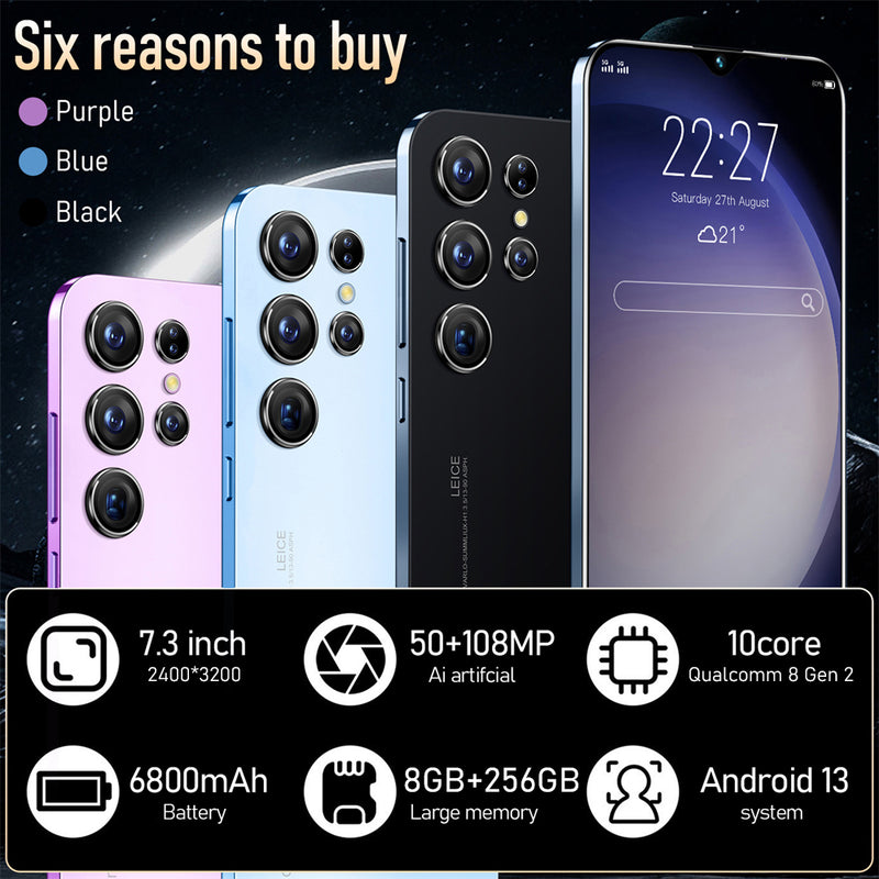 NEW S23 Ultra 5G Smartphone 7.3" HD Screen 8GB+256GB Factory Unlocked Dual SIM Android 13 Mobile Phones 6800mAh Long Life Battery