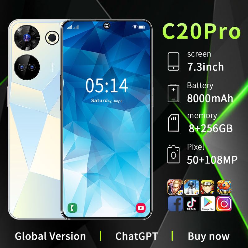 New C20 Pro Smartphone 7.3" 8GB+256GB Unlocked Android Mobile Phone Dual SIM GPS