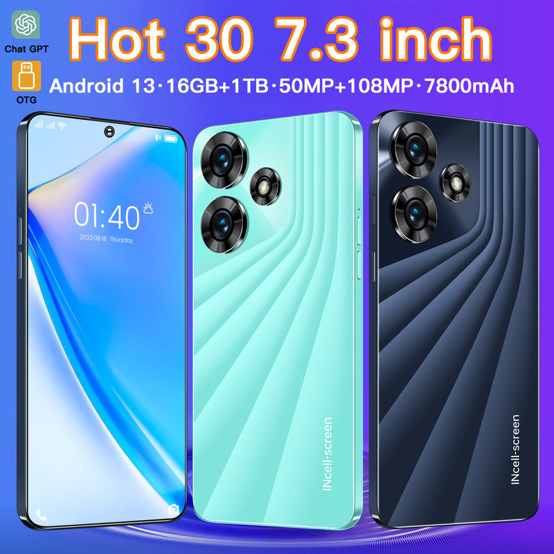 NEW Hot30 Smartphone 7.3" HD Screen 16GB+1TB 
Dual SIM Android 13 Unlocked Mobile Phones 7800mAh