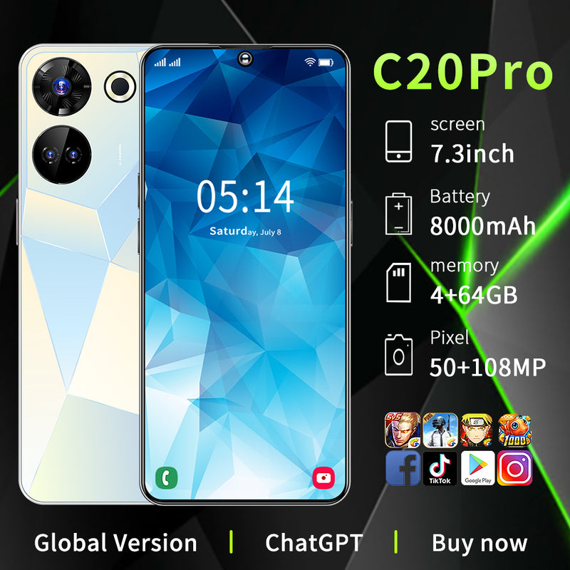 New C20 Pro Smartphone 7.3" 4GB+64GB Unlocked Android 13 Cell Phone Dual SIM GPS