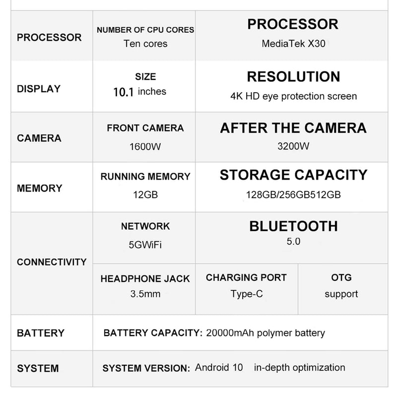 10.1"Tablet PC Android 13 HD 4K 6+128GB ROM TenCore 20000mAh CPU X30 WIFI GPS 5G